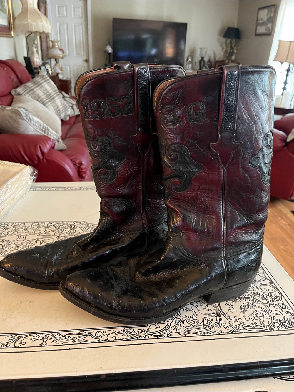 Lucchese Black and Deep  Cherry Ostrich Leather Western Cowboy Boots Size 11.5 D
